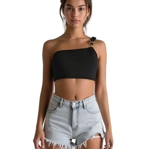 SHEIN Black Asymmetrical Crop Top Medium Chain Detail Tank
